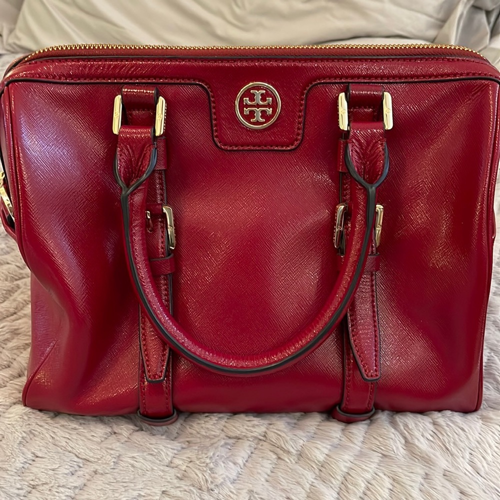 Tory Burch dark cherry vintage buckle satchel